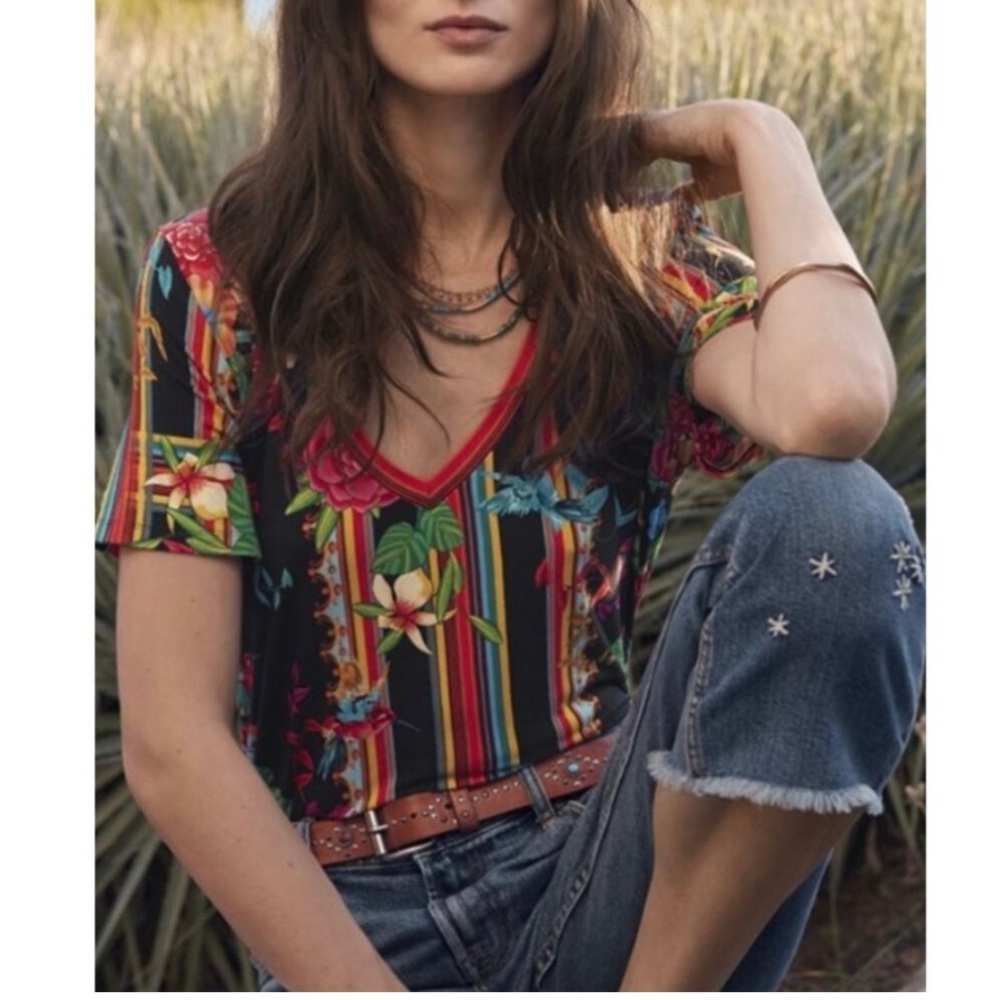 Johnny Was Andra Favorite S/S V-Neck Swing Bamboo Tee Size: L